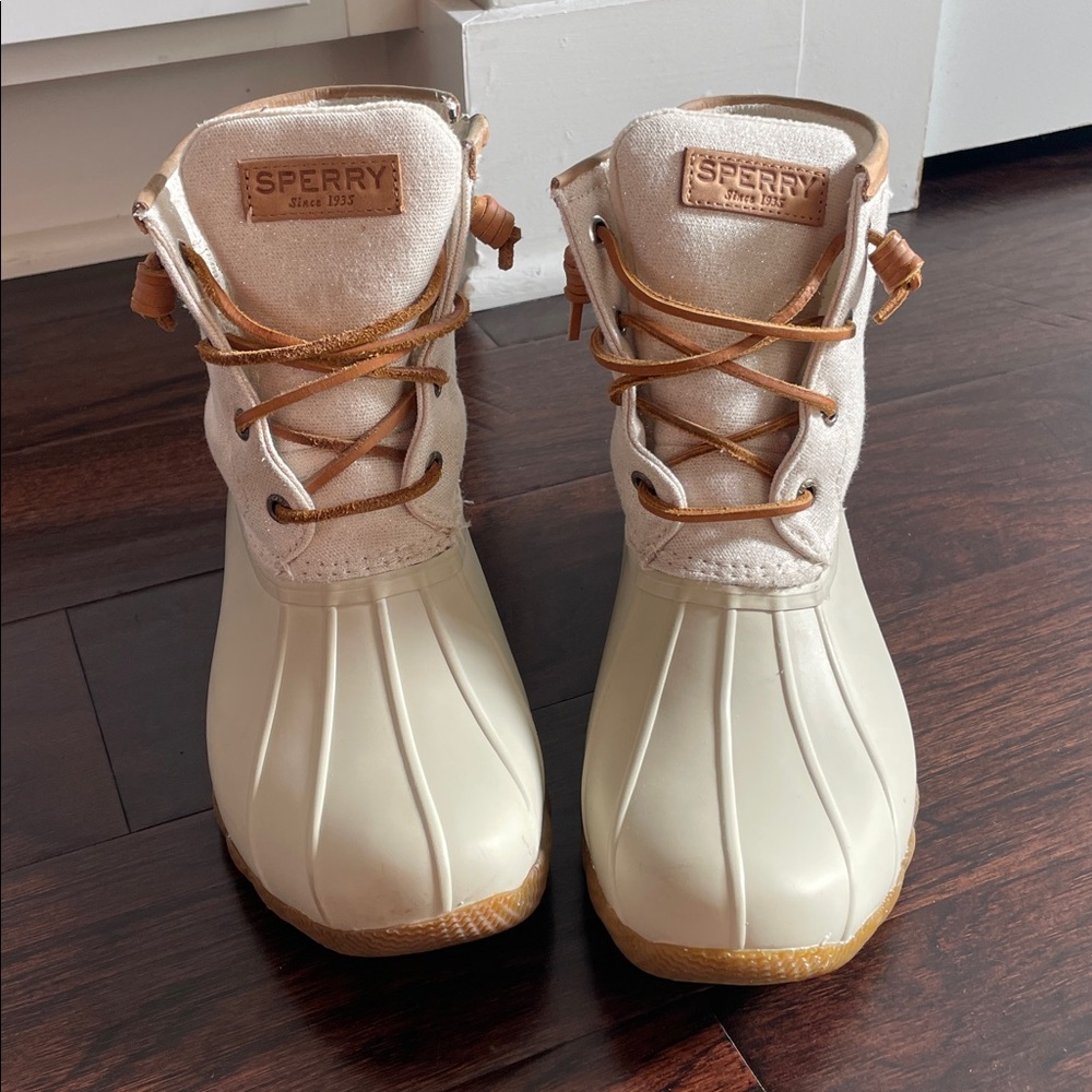 Sperry Cream and Tan Duck Boots